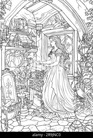Premium Vector  Enchanted realm princess woman at market coloring book  pages