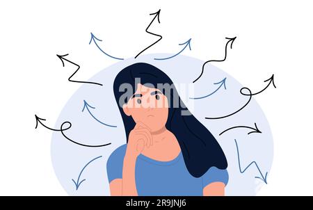 Confused girl makes a choice. A person thinks, chooses, makes decisions. Arrows in different directions. Stock Vector