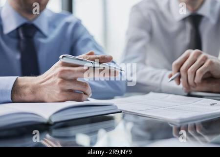 Collaboration, financial advisor and memos, legal advice or work Stock Photo