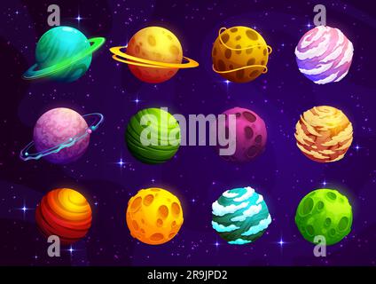 Cartoon aline fantasy space planets of galaxy world game, vector elements. Space asteroids and stars, earth and moon planets with craters, galaxy universe or cosmos satellite planets with saturn rings Stock Vector
