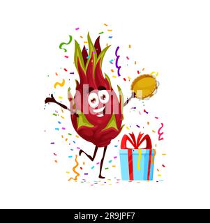 Cartoon cheerful pitaya dragon fruit character on birthday party, anniversary holiday. Holiday greeting, birthday congratulating, cheerful and dancing with tambourine dragon fruit vector personage Stock Vector