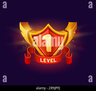 Game level up shield badge, win icon, bonus award or medal banner, vector GUI. 1 level badge with golden wings and red ribbon for video game, next level complete or bonus award achievement shield Stock Vector