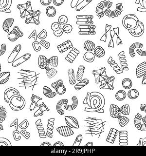 Pasta type outline seamless pattern. Fabric or textile monochrome vector print, wrapping paper thin line backdrop with fagottini, farfalle, fusilli and rigatoni, maccheroni, filini, eliche pasta Stock Vector
