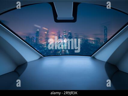 Air taxi window view of city at night. Air vehicle. Personal air transport. Autonomous aerial taxi. Flying car. Urban aviation. Futuristic technology. Stock Photo