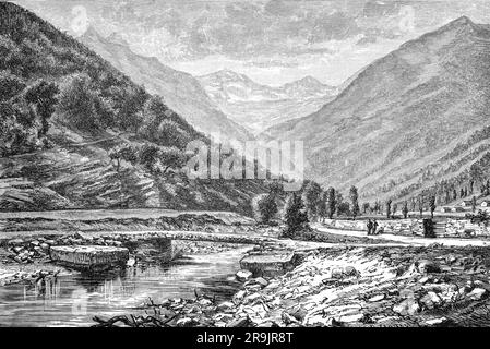 A late 19th century illustration of the Vallée du Lis, or Vallée du Lys, a small high valley in the French Pyrenees opening onto the Vallée de Luchon in the Haute-Garonne department , Occitanie region. A simple bridge over the Lys, a small tributary of the Pique river from which the valley takes its name. Stock Photo
