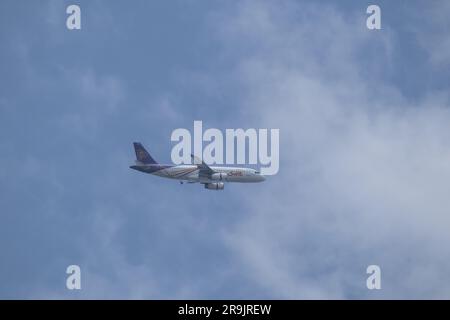 Chiangmai, Thailand -   June  17 2023: HS-TXC Airbus A320-200 of Thai Smile Airway. Take off from Chiangmai airport to Bangkok Suvarnabhumi. Stock Photo