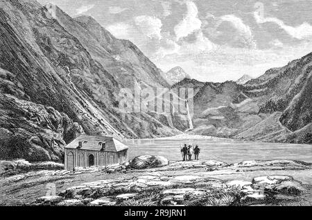 A late 19th century illustration of people by the refuge at the water's edge of Lac d'Oô, a lake in the Pyrenees, known in particular for its 275-meter-high waterfall. Formerly called Lac de Séculéjo, this natural lake has become artificial since the construction of a dam. Stock Photo