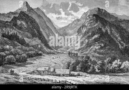 A late 19th century illustration of L'Hospice de France South of Bagnères-de-Luchon in France in the Port (Pass) de Venasque, a mountain pass in the Pyrenees lying on the border between France and Spain. The pass has always been used for communications between Aragon and the Luchon valley, often  by armies, from the Romans, to the armies of the Napoleonic Wars and anti-Franco guerrillas during the 1944 attempted invasion of Val d'Aran , as well as by traders and smugglers. Stock Photo