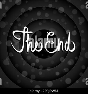 Black end screen, movie cinema film circle background. Vector vintage old Hollywood studio poster with white text appears in the center of circle, informing the audience that the movie has come to end Stock Vector