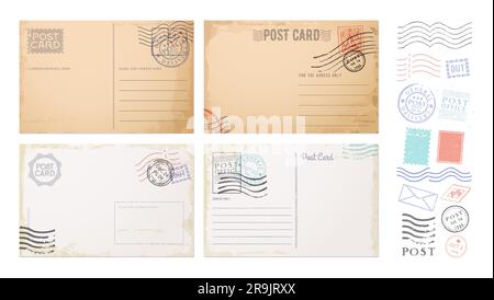 Antique postcards, retro postage stamps and vintage mail. Old paper post card or letter vector templates with blank address frame border lines, grunge postage stamps and post office postmarks Stock Vector