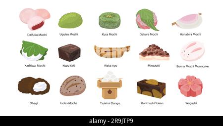 Set of various japanese pasrty mochi, wagashi and traditional sweets. Vector illustration of japan rise desserts isolated on white. Stock Vector