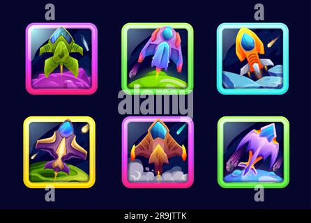 Cartoon space game app icons with spaceships, starcrafts and rockets, vector mobile application buttons. Galaxy fantasy or space planet game interface, UI frames and phone GUI icons of cosmic shooter Stock Vector