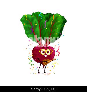 Cartoon funny beet vegetable character on birthday, anniversary holiday. Birthday congratulating comical veggie personage, anniversary holiday greeting cute beet vector character playing guitar Stock Vector