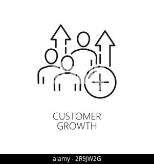 Customer growth. CDN. Content delivery network icon, blog or web portal content users, networking technology, web media publishing system and CDN thin line vector symbol with people figures, up arrow Stock Vector