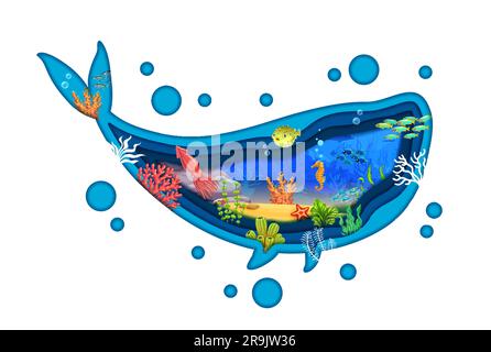 Paper cut sea whale silhouette with underwater landscape trimming with ...