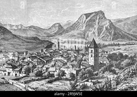 A late 19th century illustration of Tarascon-sur-Ariège, a commune in the Ariège department in southwestern France.  Nestling in the heart of the Ariège Pyrenees valleys, the town can be spotted from afar with its Castella tower posted on its rock since the 18th century. Bordered by Ariège and Vicdessos, this pretty little town is the gateway to Haute-Ariège.