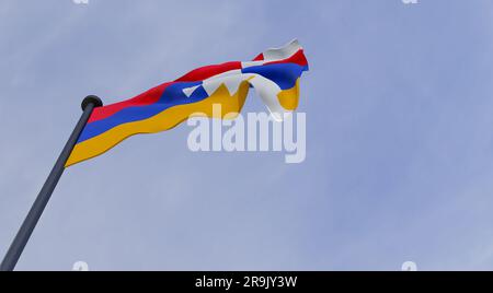 Flag Artsakh background of clouds, fabric flag Artsakh, blue sky background with Artsakh flag, 3D work and 3D image Stock Photo