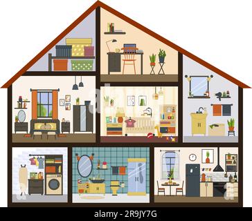 House interior with furniture cross sectional view line drawing Stock ...