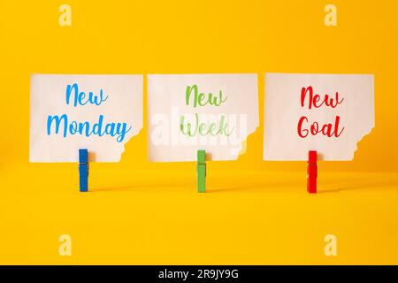 New monday,new week, new goal - word concept on building blocks, text, letters Stock Photo