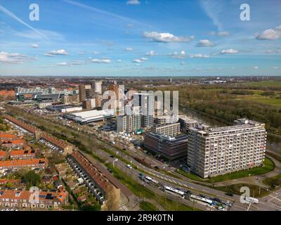 Aerial drone photo of a construction site where they are building new apartment buildings in Leiden Stock Photo