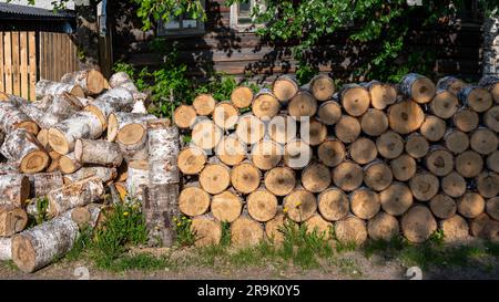 Firewood logs cut and stacked in the springtime to dry outdoors and meant to be burned in wood stoves and fireplaces to heat homes during winter Stock Photo