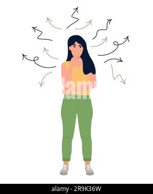 Confused girl makes a choice. A person thinks, chooses, makes decisions. Arrows in different directions. Stock Vector