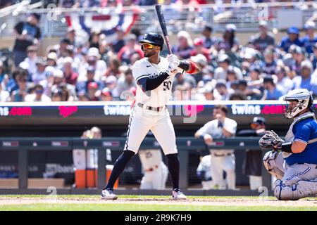 MINNEAPOLIS, MN - MAY 28: Minnesota Twins center fielder Willi Castro (50)  gets ready for an at-bat during the MLB game between the Toronto Blue Jays  and the Minnesota Twins on May