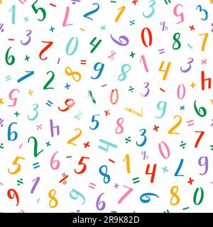 Numeral vector seamless pattern. Handwritten lettering modern brush calligraphy. Hand-drawn figures 1, 2, 3, 4, 5, 6, 7, 8, 9, 0 and mathematical symb Stock Vector