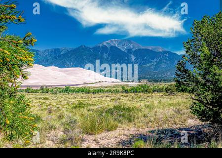 Great Sand Dunes in the Morning Light Against the Sangre De Cristo Mountains Stock Photo