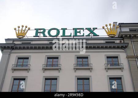 Geneva, Switzerland - Jan 12, 2023: Rolex logo in Geneva. Rolex SA is a Swiss luxury watch manufacturer based in Geneva. Stock Photo