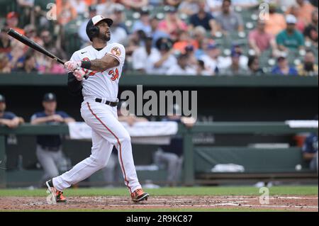 BALTIMORE, MD - June 11: Baltimore Orioles center fielder Aaron Hicks (34)  reacts after his double during the Kansas City Royals versus the Baltimore  Orioles on June 11, 2023 at Oriole Park