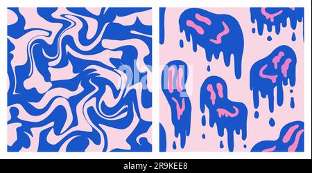 1970 Fluid Smile and Wavy Swirl Pattern Pack in Blue and Pink Color. Seventies Style, Trippy Psychedelic Print, Wallpaper. Flat Design, Hippie Aesthetic. Hand-Drawn Vector Illustration. Stock Vector