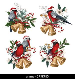 Bullfinches, bells and white flowers isolated. Vector. Stock Vector