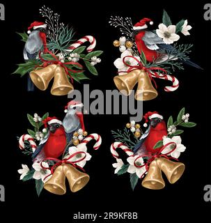 Bullfinches, bells and white flowers isolated. Vector. Stock Vector