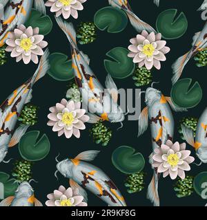 Seamless pattern with koi fishes and lotus. Vector. Stock Vector