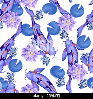 Seamless pattern with koi fishes and lotus. Vector. Stock Vector
