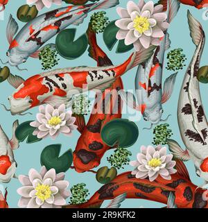 Seamless pattern with koi fishes and lotus. Vector. Stock Vector