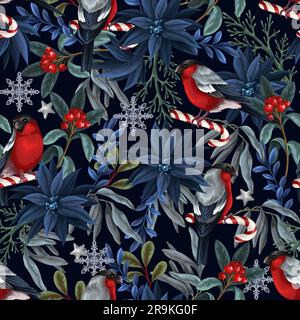 Seamless pattern with poinsettia, bullfinches and snowflakes. Vector. Stock Vector