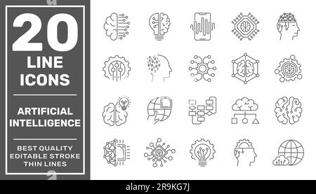 Artificial Intelligence icon set in line style, machine learning, smart robotic and cloud computing network. Digital AI technology internet, solving Stock Vector