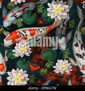 Seamless pattern with koi fishes and lotus. Vector. Stock Vector