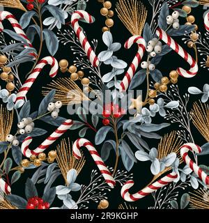Seamless Christmas pattern with candies, berries and gold elements. Vector. Stock Vector