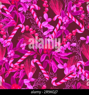 Seamless Christmas pattern with candies, berries and gold elements. Vector. Stock Vector