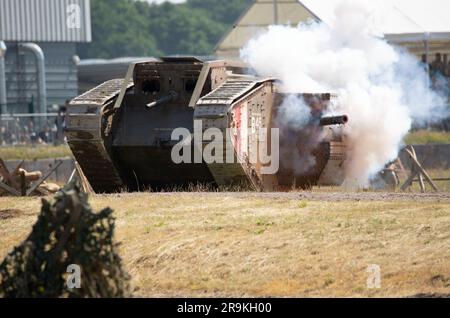 British Army WW I Mark IV Male Replica tank built for the movie War Horse. re-enactment, Tankfest 2023, Bovington, UK Stock Photo