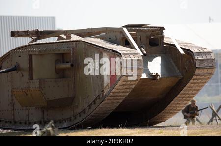 British Army WW I Mark IV Male Replica tank built for the movie War Horse. re-enactment, Tankfest 2023, Bovington, UK Stock Photo