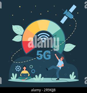 Cartoon tiny man pushing arrow on speed meter to reduce latency of broadcast signal wifi waves, woman using laptop. 5G network, broadband internet connection speed increase dark vector illustration Stock Vector