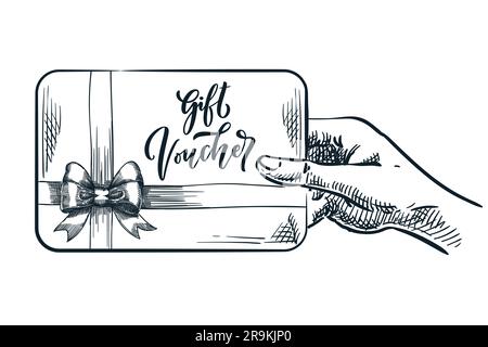 Human hand holding gift voucher card. Discount coupon concept. Vector hand drawn sketch illustration of certificate with bow ribbon. Banner, poster de Stock Vector