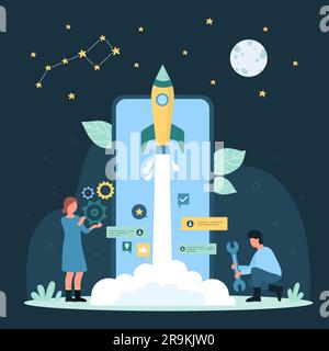 Cartoon tiny people launching rapid rocket from screen of phone, boost startup ideas and project release service. Mobile app launch and development of smartphone application vector dark concept Stock Vector