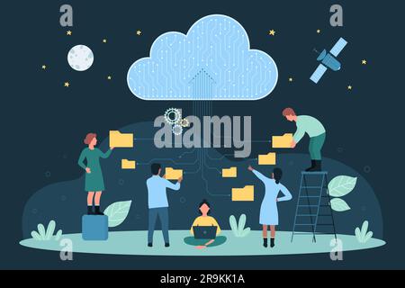 Cartoon tiny people holding folders with files to download information to server, characters upload backup of documents and archives. Cloud data storage, network technology dark vector illustration. Stock Vector