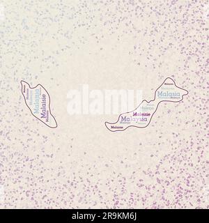 Malaysia shape with country names word cloud in multiple languages. Malaysia border map on vibrant triangles scattered around. Stock Vector
