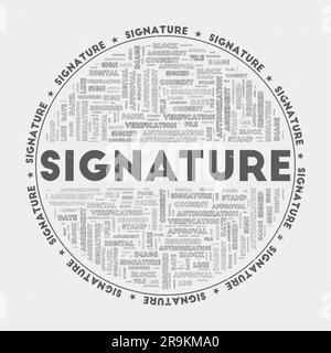 Signature - round badge. Text signature with keywords word clouds and circular text. Knight's Armor color theme and grunge texture. Stock Vector